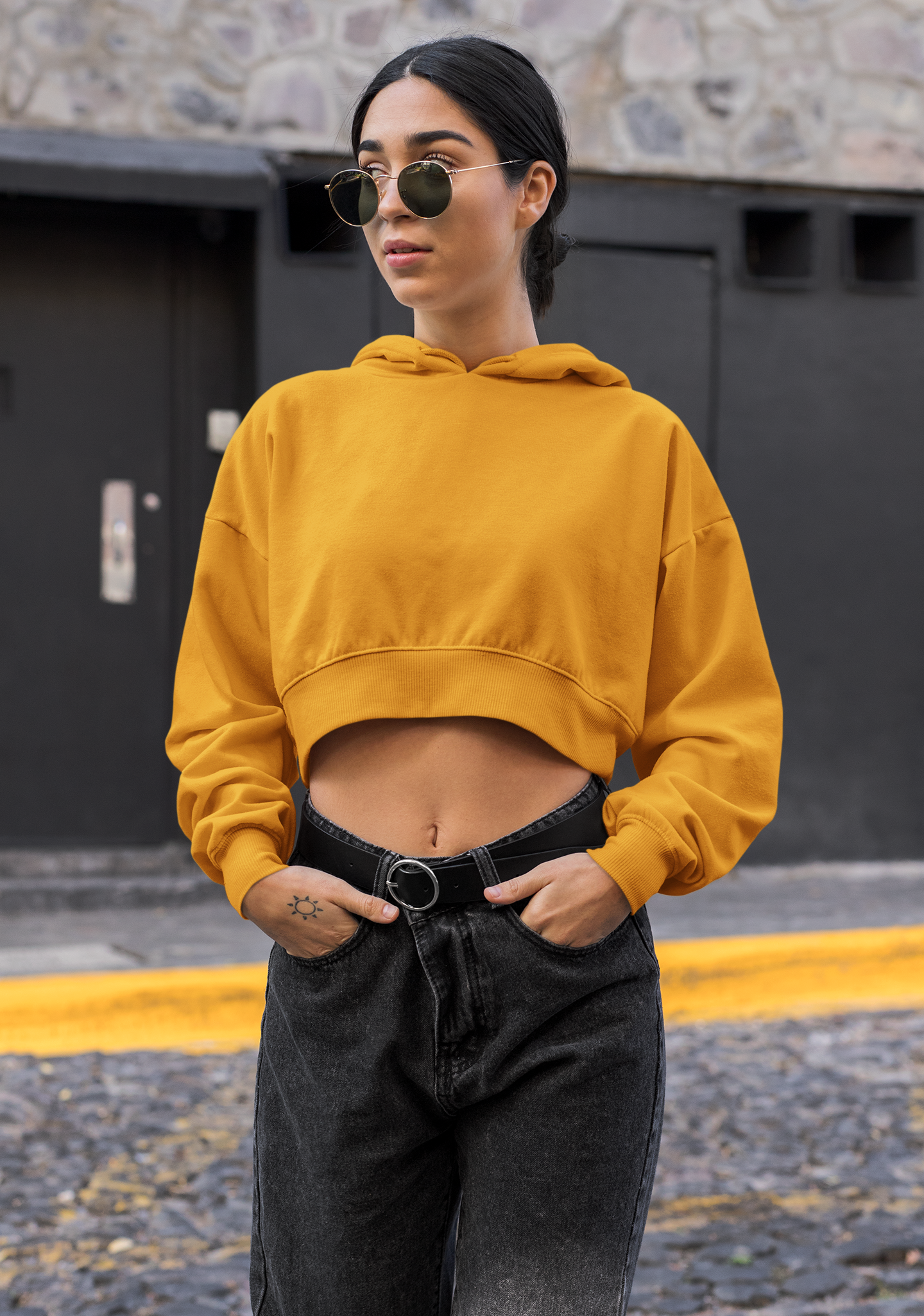 Women Classic Crop Hoodie - Mustard Yellow